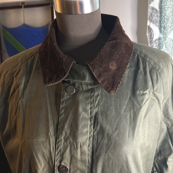 J McLaughlin Waxed Cotton Chore Coat SZ Medium Olive Green Plaid Lining - Picture 3 of 10